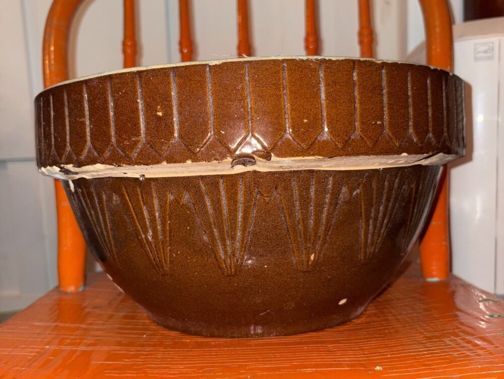 Antique Stoneware Brown Salt Glazed Mixing Bowl XL 12.5” in Cottage Country